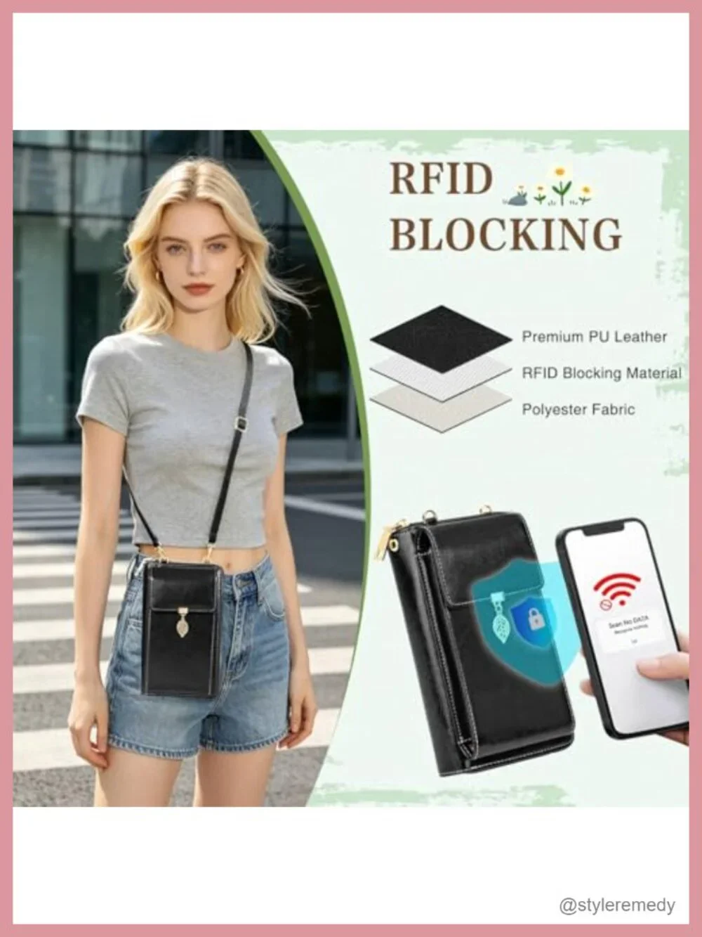 Genuine Leather Crossbody Phone Bag Wallet RFID Blocking with Adjustable Strap